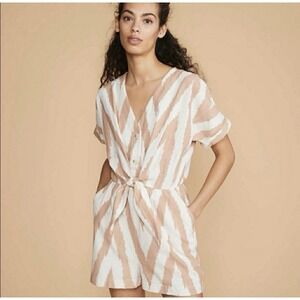 LOU & GREY X LOFT  Romper Ikat Chevron Tie Front Button Down Cotton Casual M